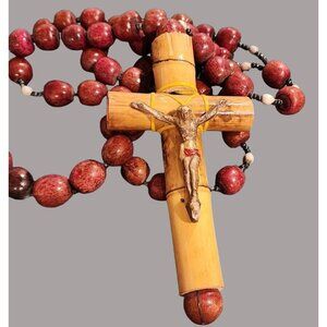 HUGE Handcrafted Wooden Rosary Necklace With Crucifix Red Beads & Yellow String